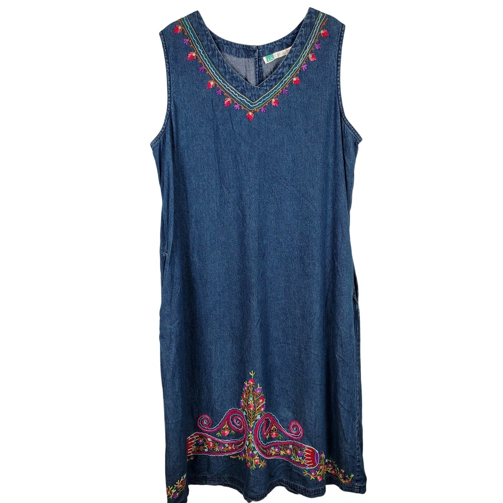 La Cera Womens XL Denim Embroidered Shift Dress Blue Cotton Boho Cottagecore